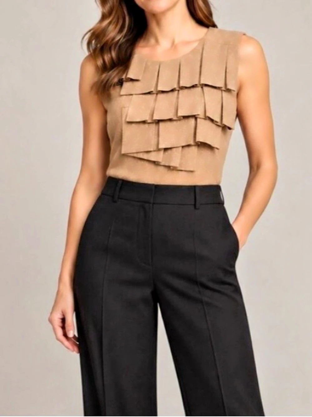 Banana Republic Tan Wool Blend Sleeveless Ruffle Blouse Vest Size S NWT